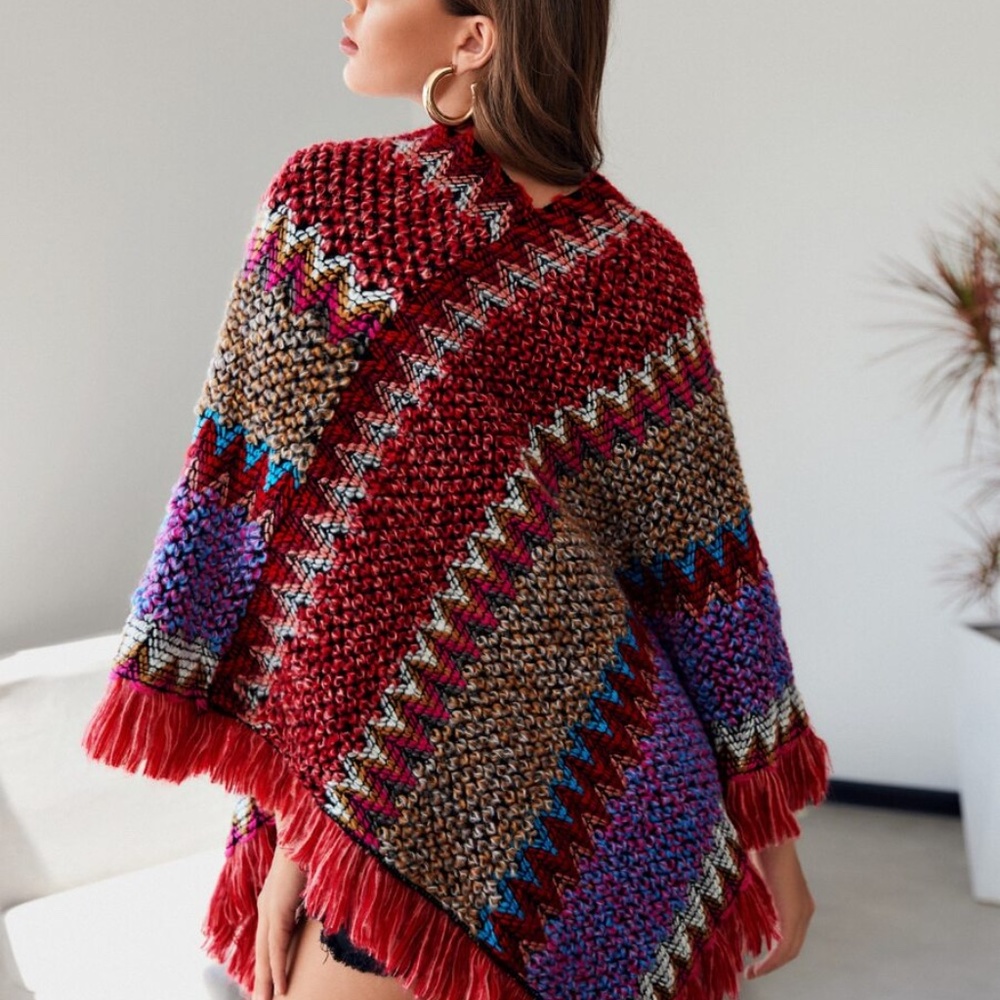 Fringe Hem multi color Sweater Poncho - TAN - Picture 5 of 12